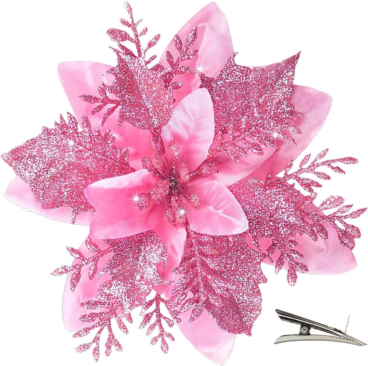 Kunstmatige Kerstbloemen met Clip - Roze - Glinsterende Decoraties voor Kerstboom en Guirlande