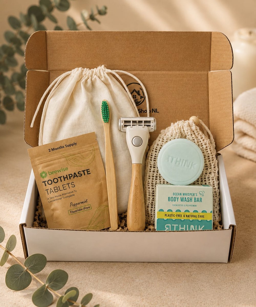 Duurzame Reis Toilettas – Zero Waste Travel Kit met Bamboe Scheermes, Tandenborstel & Tandpasta Tabletten – Handbagage Geschikt