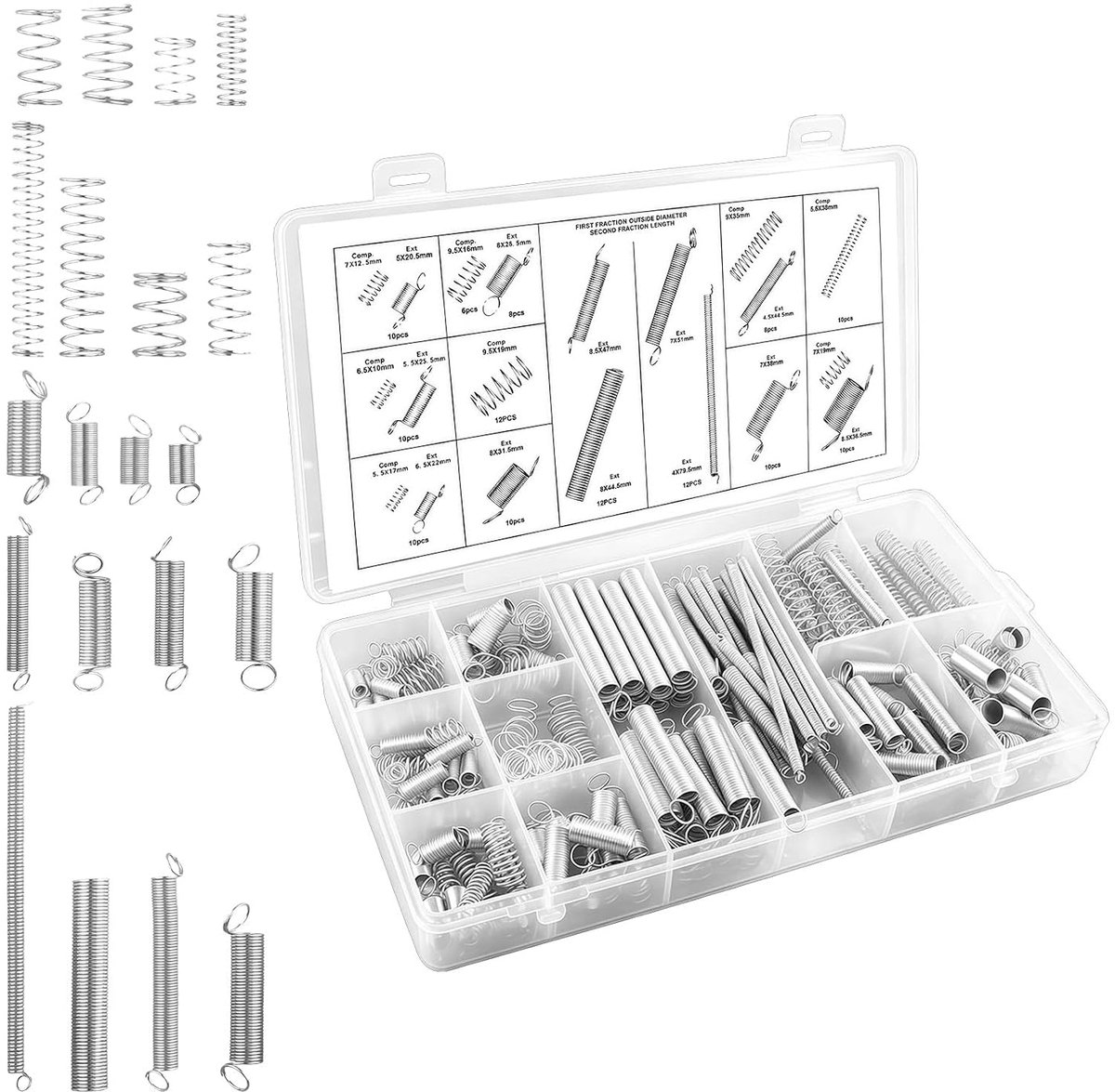 Assortiment van 200 trekveren, 20 maten, metalen spiraalveren van roestvrij staal - ShopVlot
