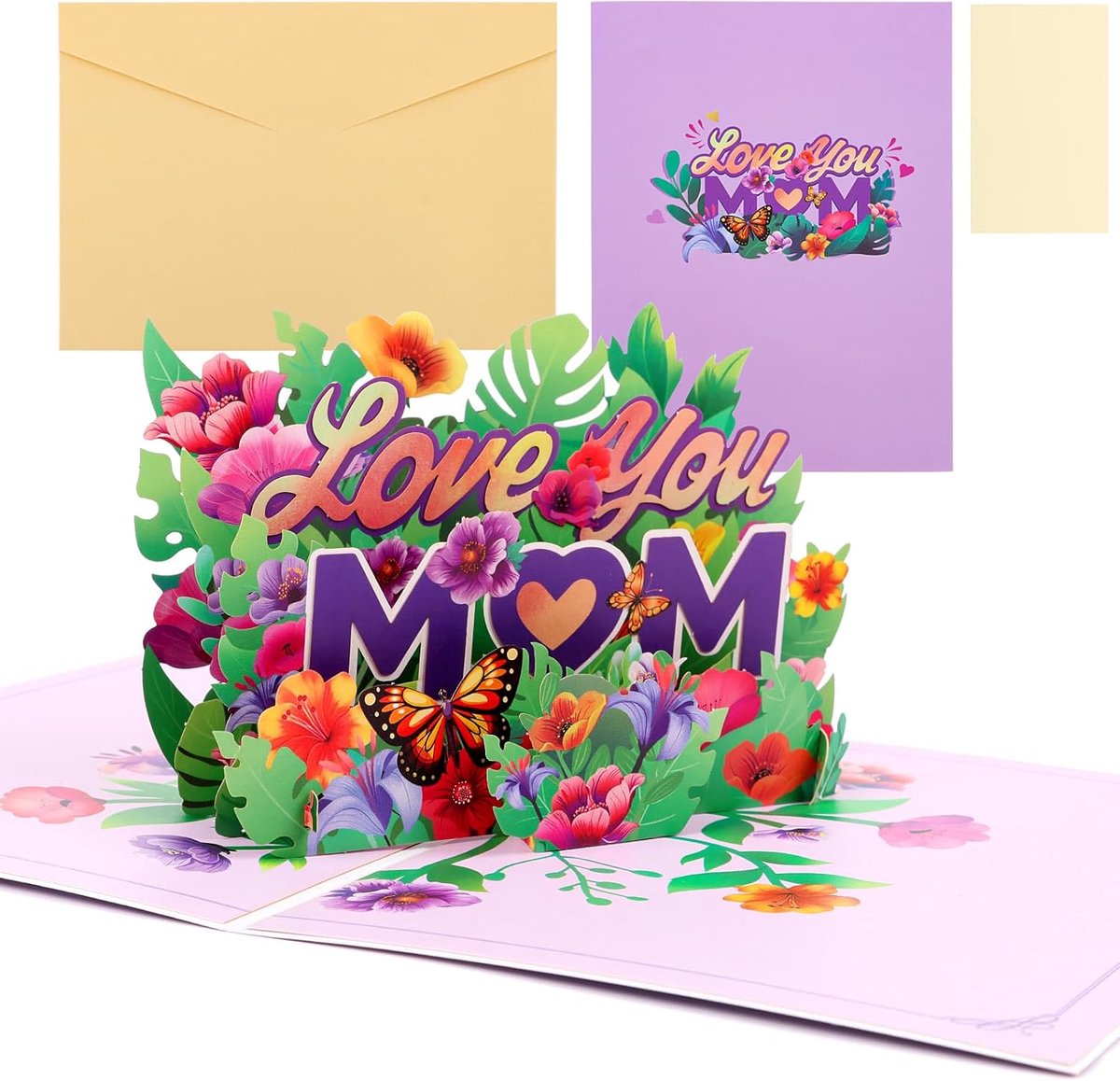 LOMIMOS 3D Moederdagkaart, 3D pop-up wenskaart met prachtige envelop voor mama, paarse verjaardagskaart voor moeder - ShopVlot