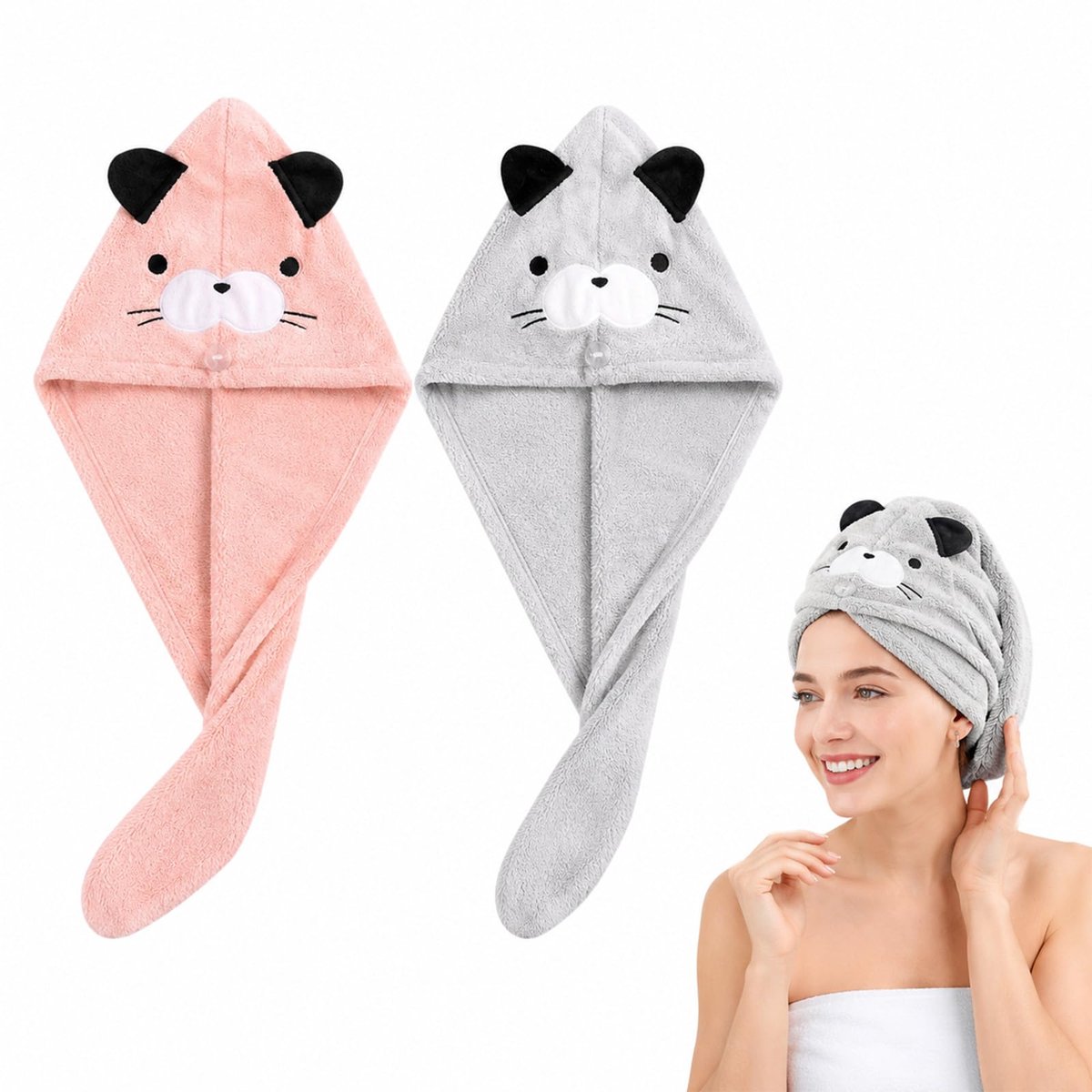 Microvezel haarhanddoek dames heren kinderen – 2 stuks sneldrogende haarhanddoeken – grijs en roze – super absorberend - ShopVlot