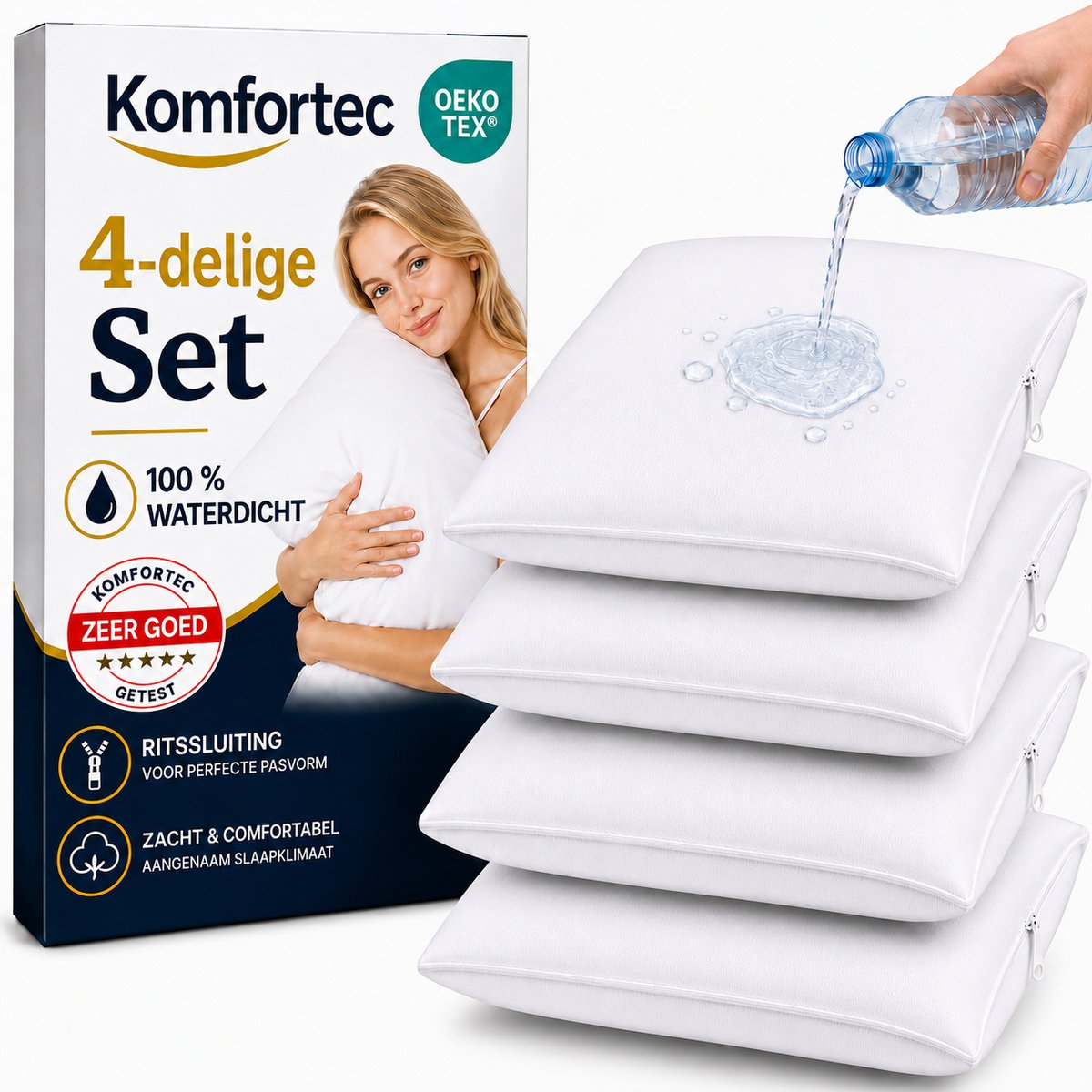 Komfortec Set van 4 Waterdichte Kussenbeschermers 80x80 cm - Ademende Kussenhoes-Hypoallergene Kussenslopen - Anti-mijt.