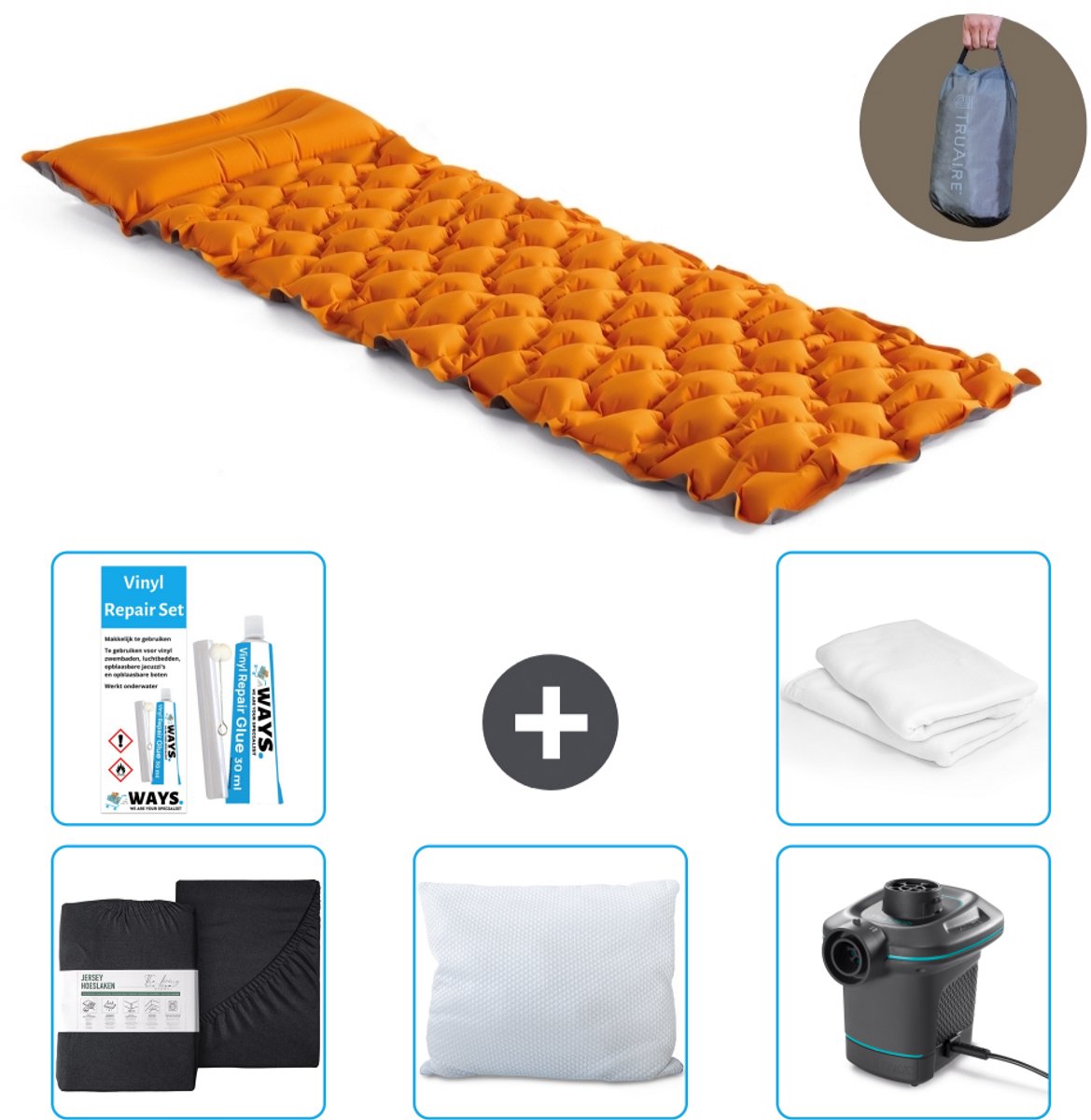 Intex Campingmat - 1-Persoons - 71 x 191 x 11 cm - Oranje - Inclusief Hoeslaken - Kussen - Pomp - Reparatieset en Kussenbeschermer