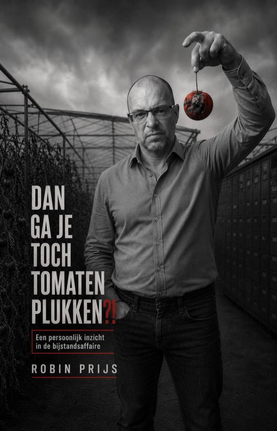 Een man met bril houdt een tomaat omhoog. Tekst: DAN GA JE TOCH TOMATEN PLUKKEN?! ROBIN PRIJS.