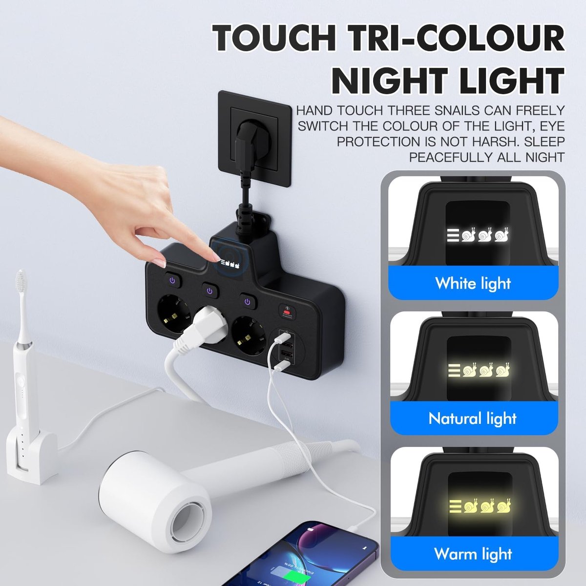 Stekkerdoos 3-voudig met USB - met touch-nachtlampje - meervoudige contactdoos - ideaal voor thuisgebruik - ShopVlot