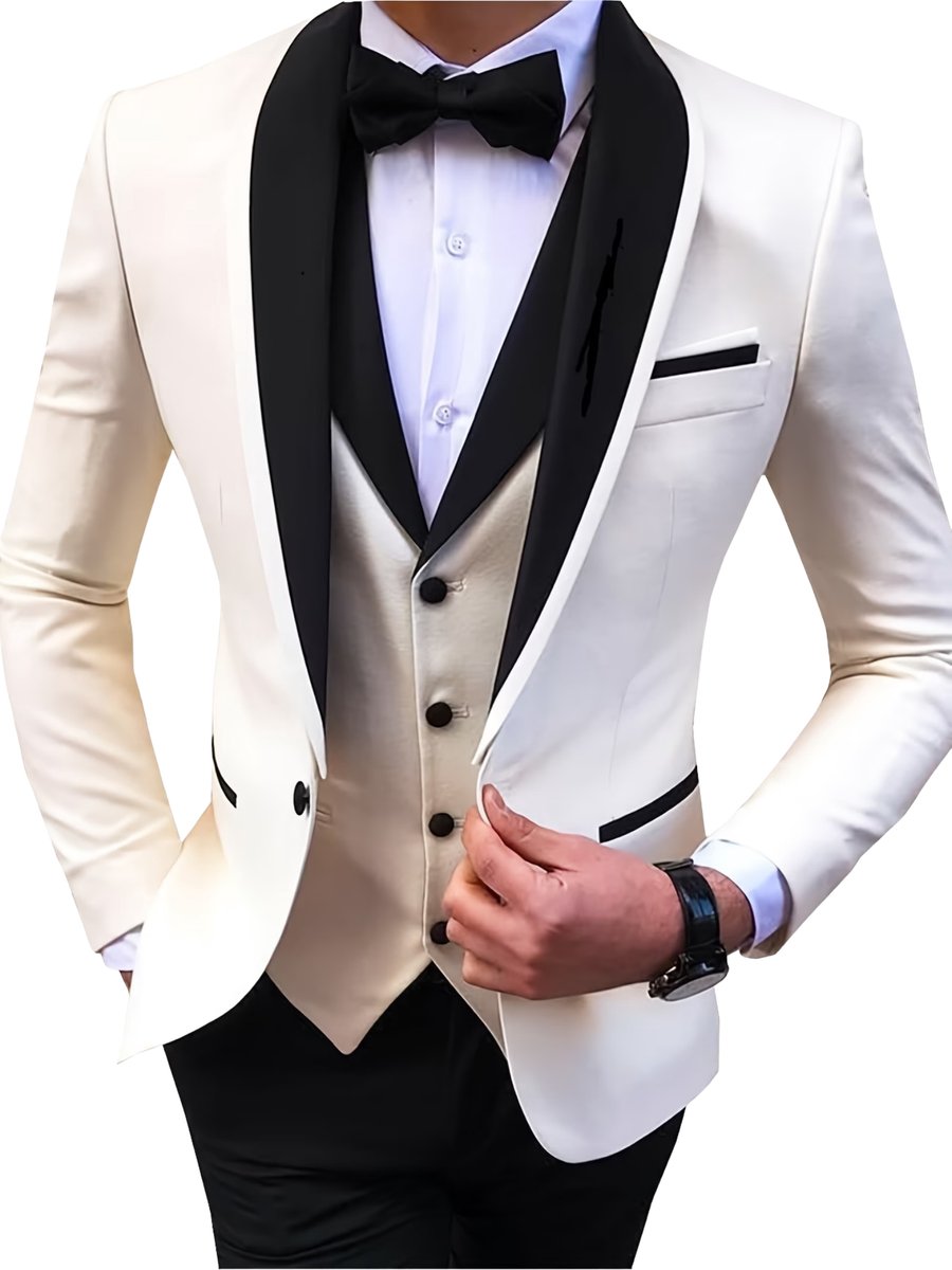 Currero 3 Delig Herenpak Met Overhemd - Suit 2 Delig - Tailored Fit Kostuum - Business Pak - Trouwpak - Smoking - Tuxedo Stijl - Bruiloft, Kantoor & Feest - Ivoorwit XXXL