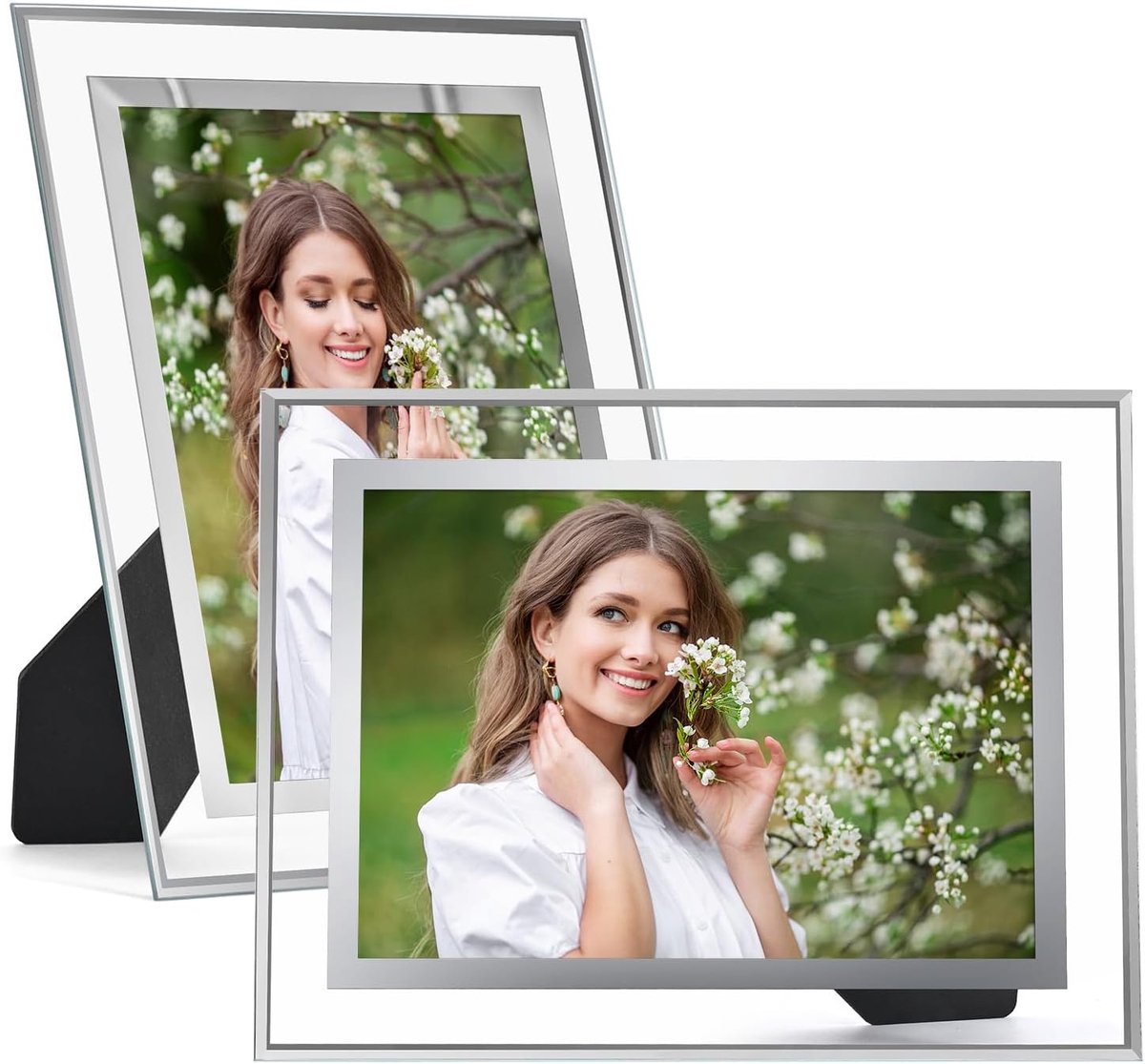 Set of 2 picture frames 13 x 18 cm, silver made of glass, suitable for 7 inch photos, easy to put in, with stand - ShopVlot