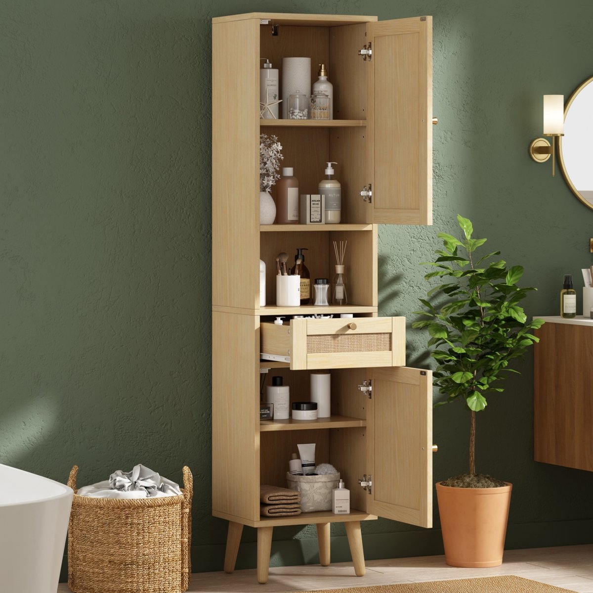 MIVRAY Badkamerkast - Hoge Vrijstaande Rattan Kast Met Lade En Soft-Close - Voor Badkamer Opbergruimte - MDF - Naturhoutkleur - 40x30x166 Cm