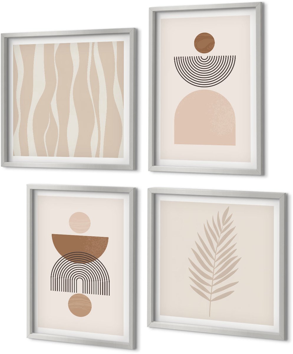 Coloray 4-Delige Schilderij Set - Abstracte vormen in bruine en beige tinten - 40 x 40 cm en 40 x 60 cm - Decoratieve Schilderijen - Wanddecoratie - Hal - Stijlvolle Muurdecoratie
