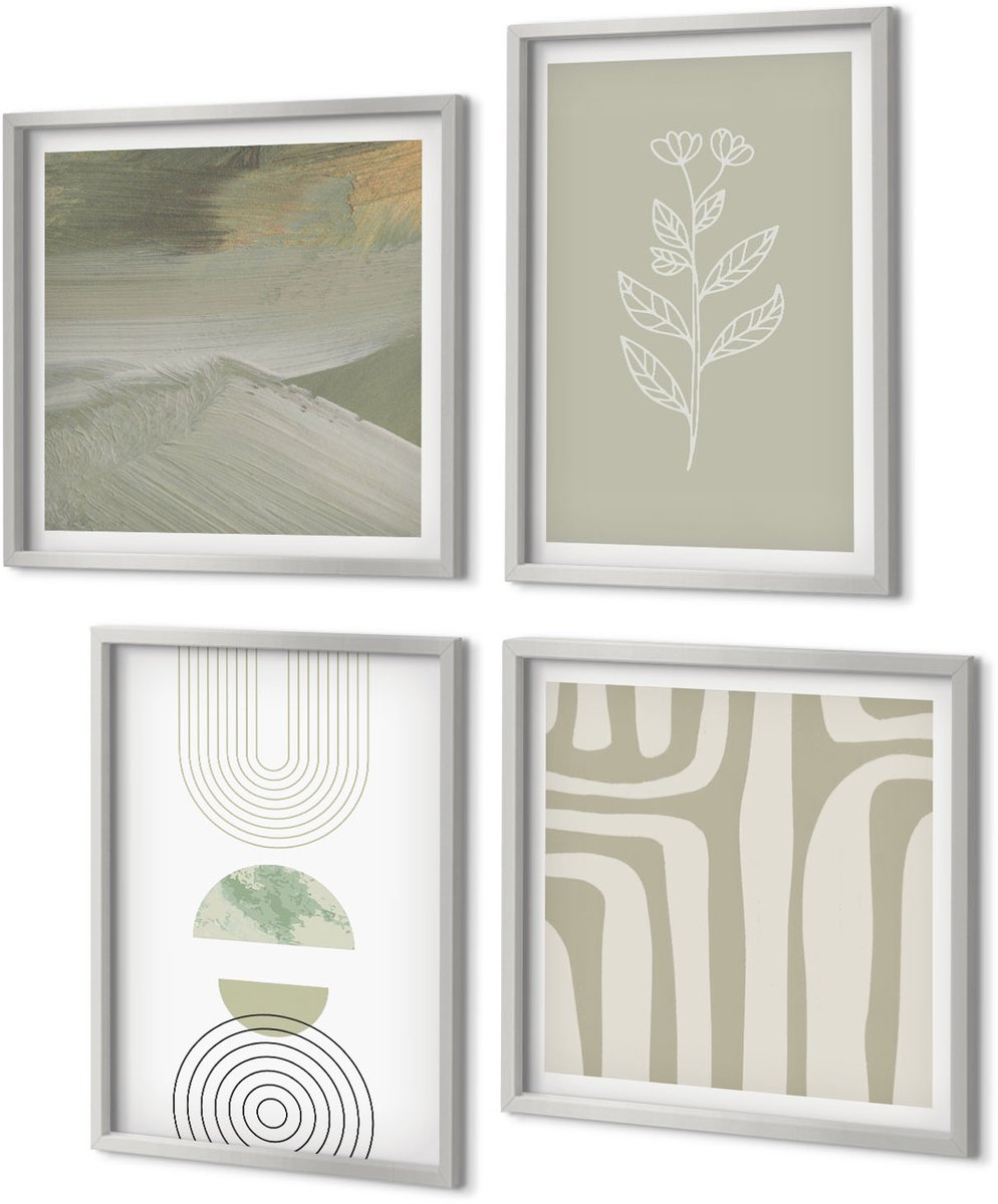 Coloray 4-Delige Schilderij Set - Geometrische patronen met plantenaccenten in groene tinten. - 40 x 40 cm en 40 x 60 cm - Wanddecoratie - Woonkamer Decoratie