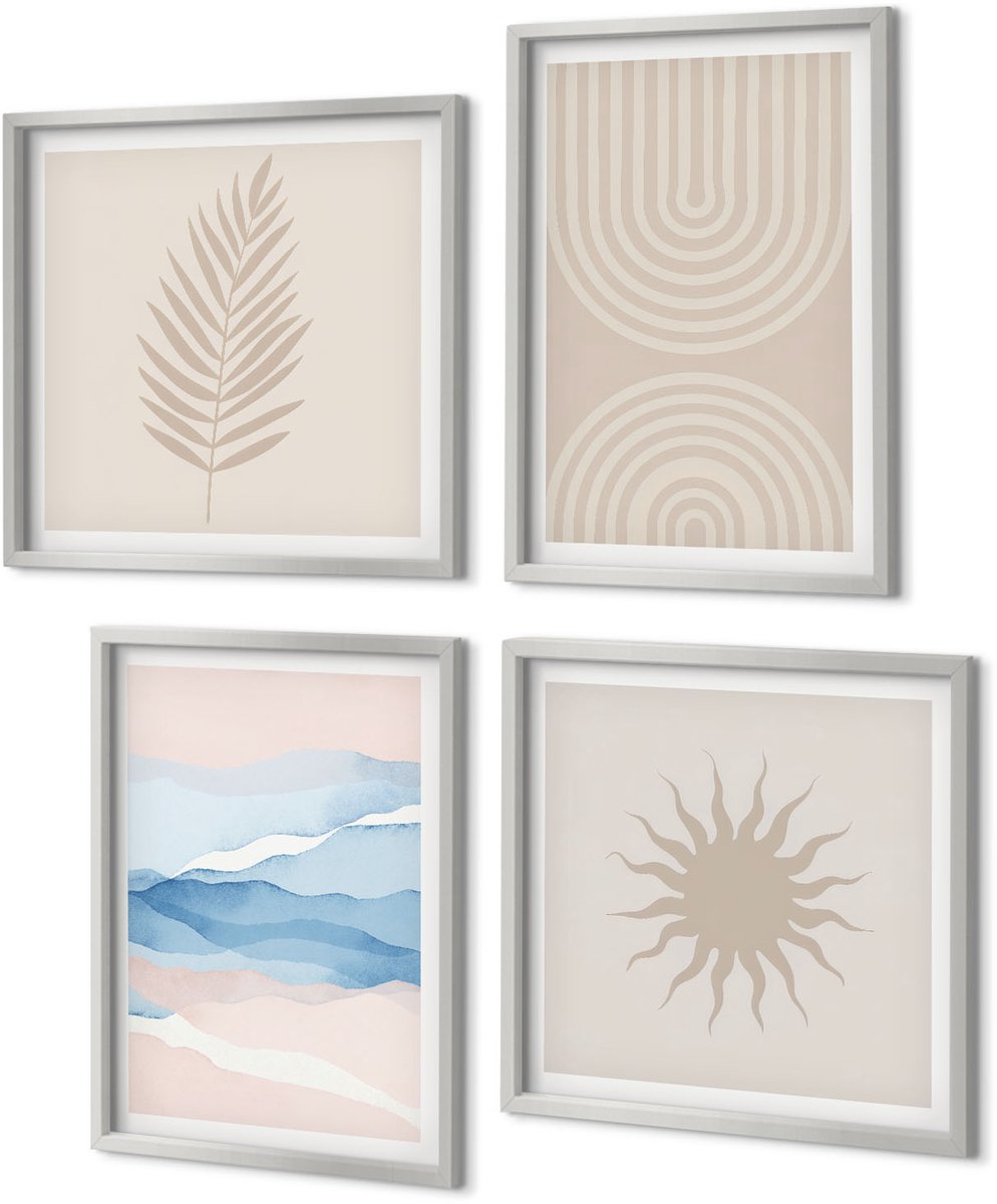 Coloray 4-Delige Schilderij Set - Zonnegolven en abstracte lijnen in pastelkleuren - 40 x 40 cm en 40 x 60 cm - Wanddecoratie - Moderne Interieurdecoratie - Interieur Decoratie