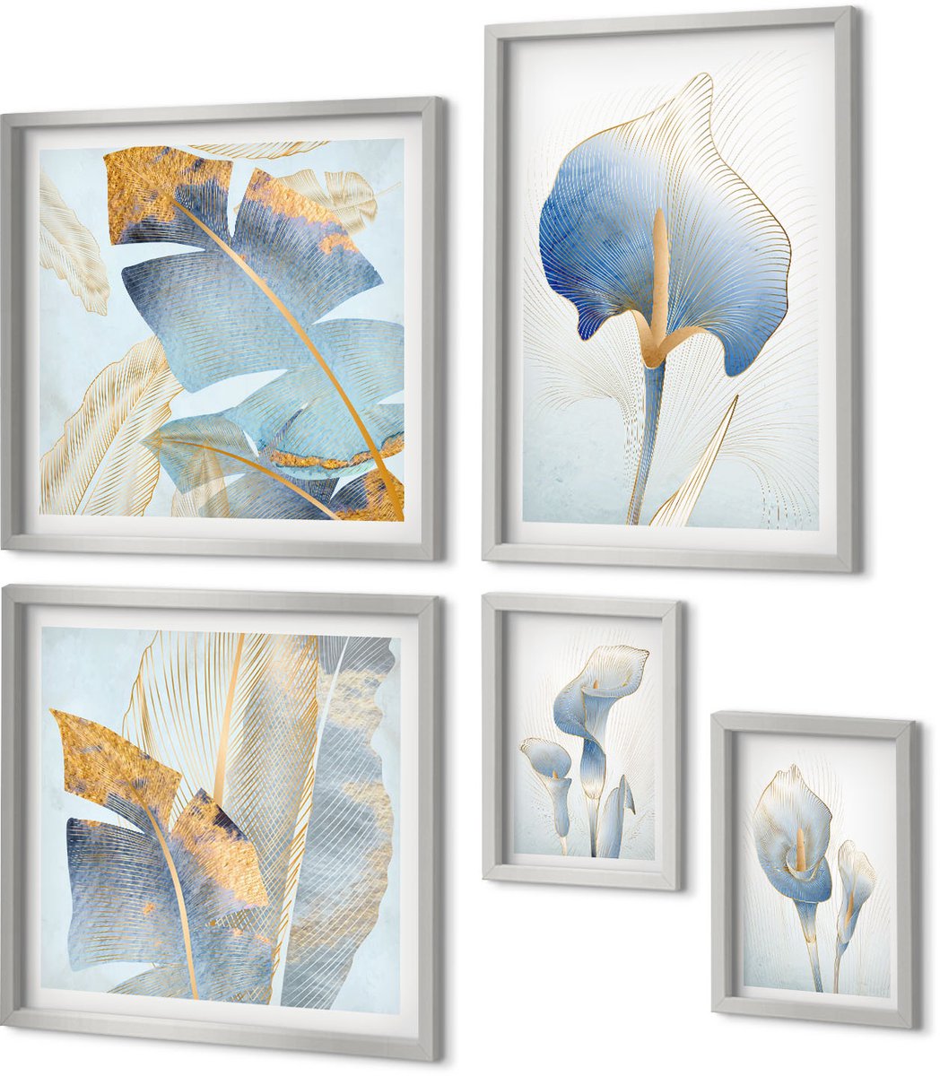 Coloray 5-Delige Schilderij Set - Fijne Blauwe Bloemen Op Een Lichte Achtergrond - 20 x 30 cm - Moderne Wanddecoratie - Slaapkamer - Interieur Decoratie