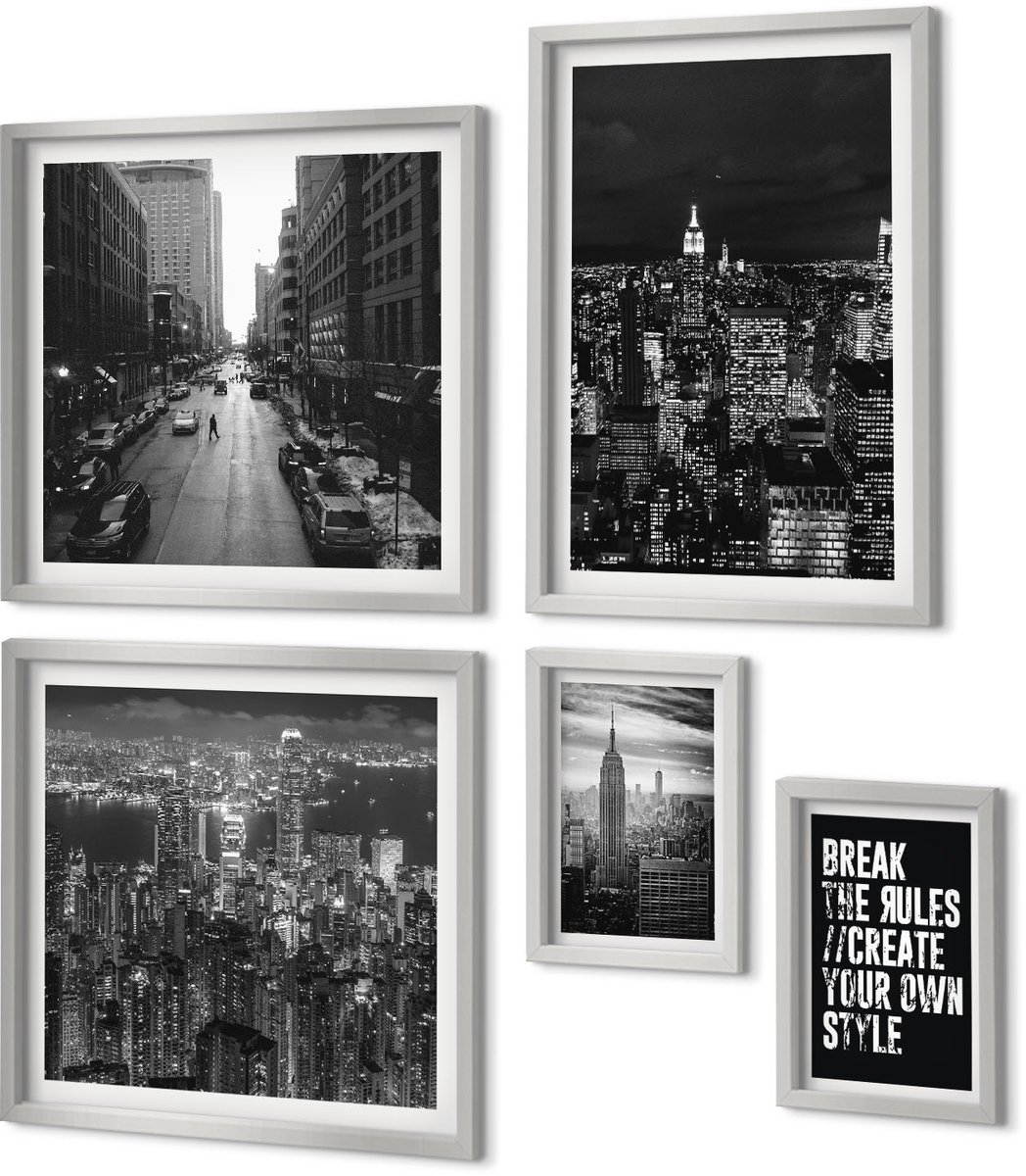 Coloray 5-Delige Schilderij Set - Stadsstraten In Zwart-Wit Met Inspirerende Letters - 20 x 30 cm - Wanddecoratie - Muurdecoratie - Woonkamer - Moderne Wanddecoratie