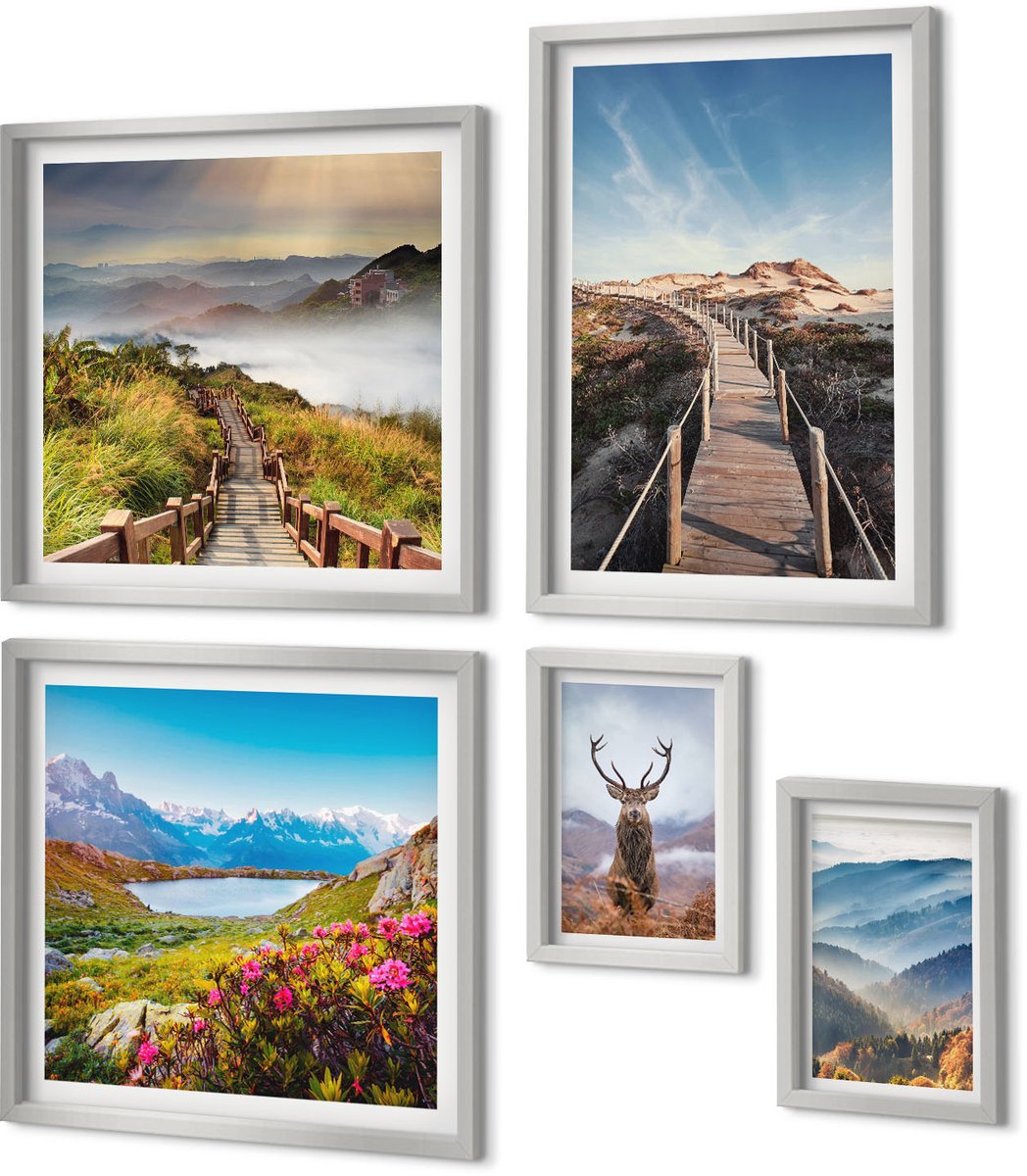 Coloray 5-Delige Schilderij Set - Berglandschappen Met Meer En Herten In De Natuur - 20 x 30 cm - Stijlvolle Muurdecoratie - Slaapkamer - Decoratieve Schilderijen