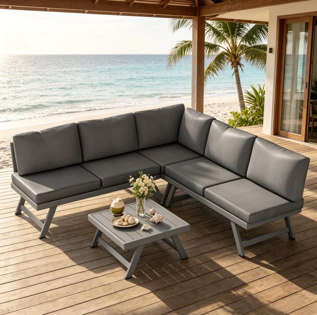 FloraGrace Hoek Loungeset 5 Zitplaatsen Inclusief Tafel En Kussens Voor Tuin Terras En Patio Aluminium Metaal Polyester Katoen Grijs