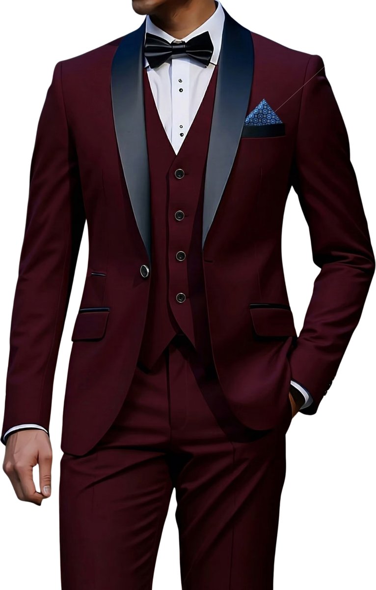 Currero 3 Delig Herenpak Met Overhemd - Suit 2 Delig - Tailored Fit Kostuum - Business Pak - Trouwpak - Smoking - Tuxedo Stijl - Bruiloft, Kantoor & Feest - Wijnrood 1 XXS