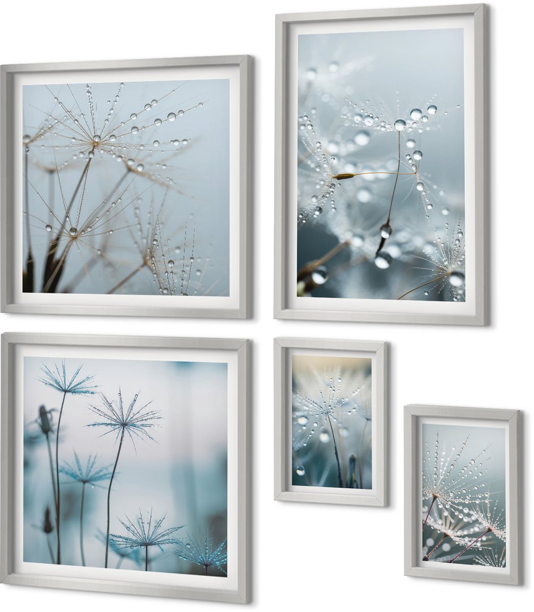 Coloray 5-Delige Schilderij Set - Waterdruppels Op De Tere Scheuten Van Paardenbloemen - 20 x 30 cm - Stijlvolle Muurdecoratie - Slaapkamer - Decoratieve Schilderijen