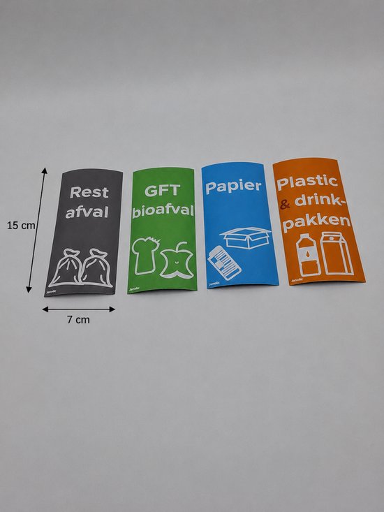 Vier magneten voor afvalscheiding: Restafval, GFT-afval, Papier, Plastic & drinkpakken, met symbolen. Afmeting 15x7 cm.