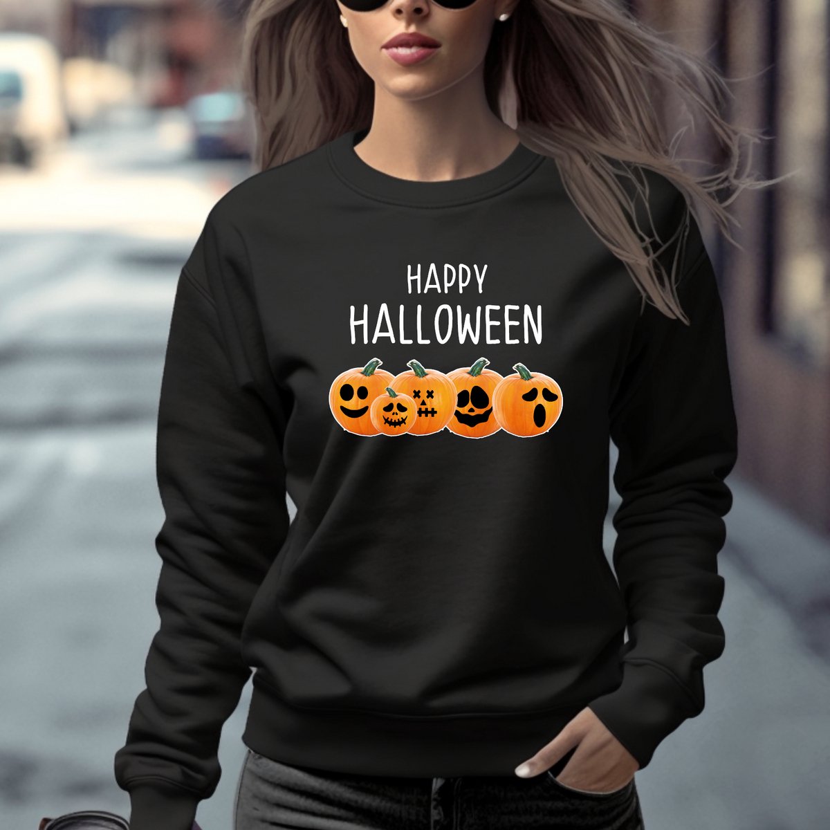 Dames sweater- Happy Halloween- zwarte trui- Maat L uniseks