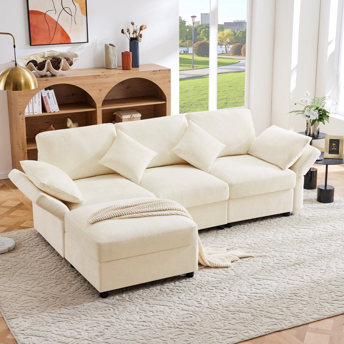 Hoekbank L Vorm Met Voetenbank - Verstelbare Armleuningen En 4 Kussens - Voor Woonkamer, Kantoor En Appartement - Chenille Beige