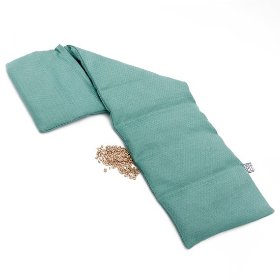 Zeegroene pittenzak met tarwe, een label met "Met Pit".