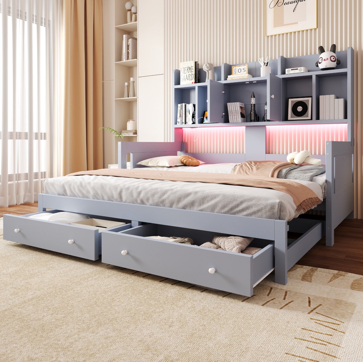 MODENUIT Slaapbank 90 x 190 cm - Uittrekbaar Met Lades, Opbergruimte, LED En Stopcontact - Grijs - Hout