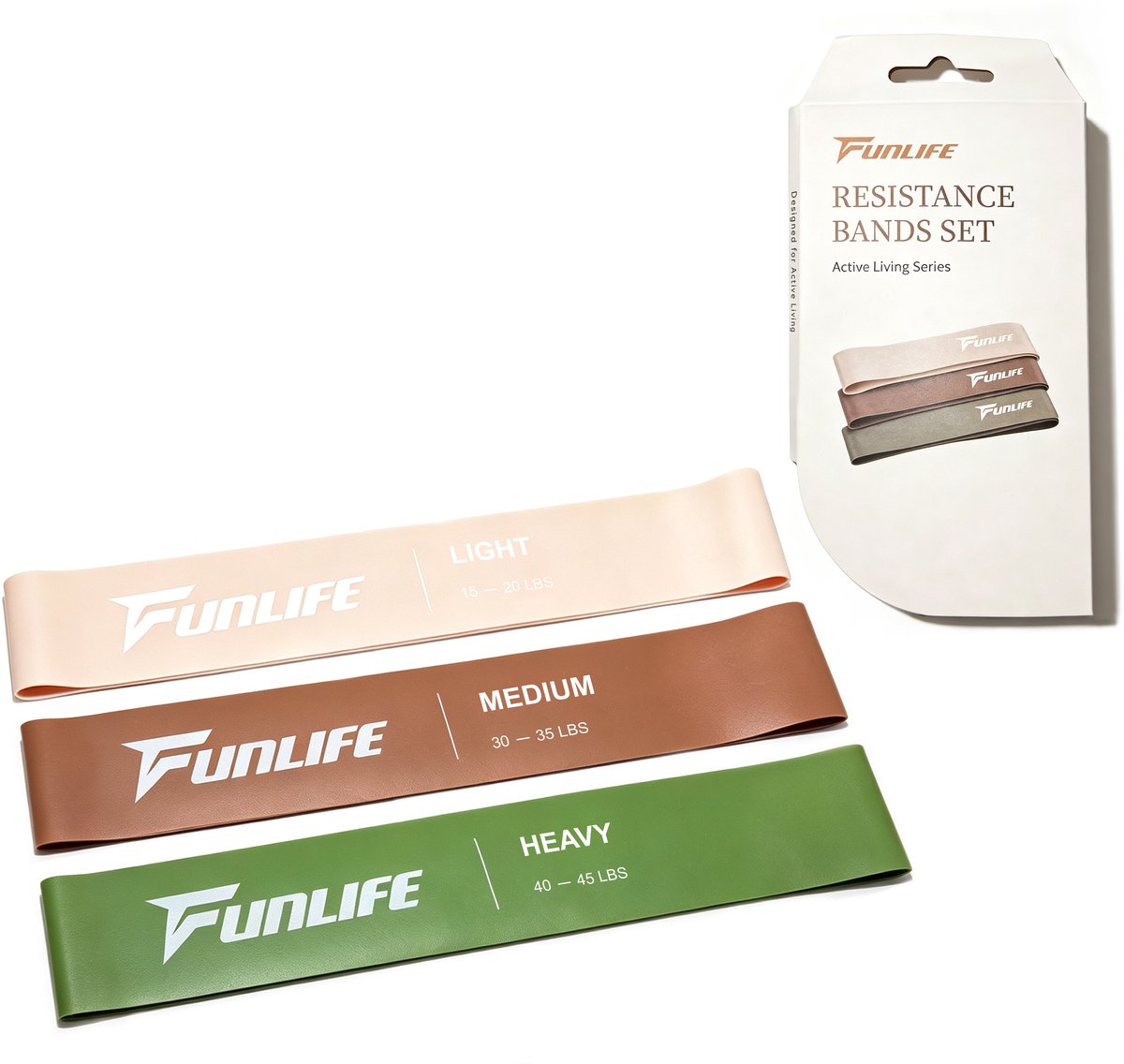 FunLife Weerstandsbanden Set – 3 Fitness Elastieken van TPE – 3 Weerstandsniveaus 15–45 LBS – Voor Benen, Billen, Yoga en Pilates