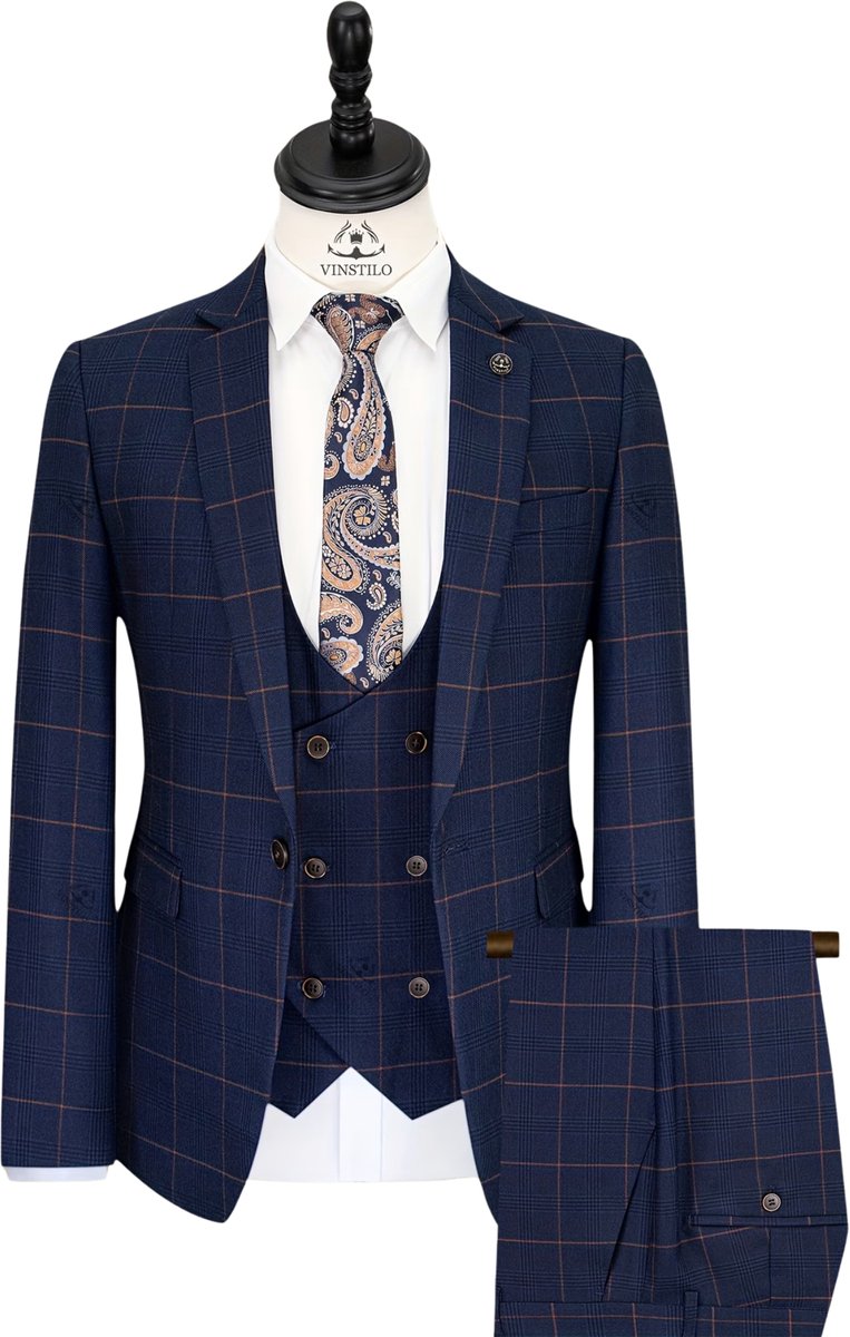 Currero 3 Delig Herenpak Met Overhemd - Suit 2 Delig - Tailored Fit Kostuum - Business Pak - Trouwpak - Smoking - Tuxedo Stijl - Bruiloft, Kantoor & Feest - Marineblauw L