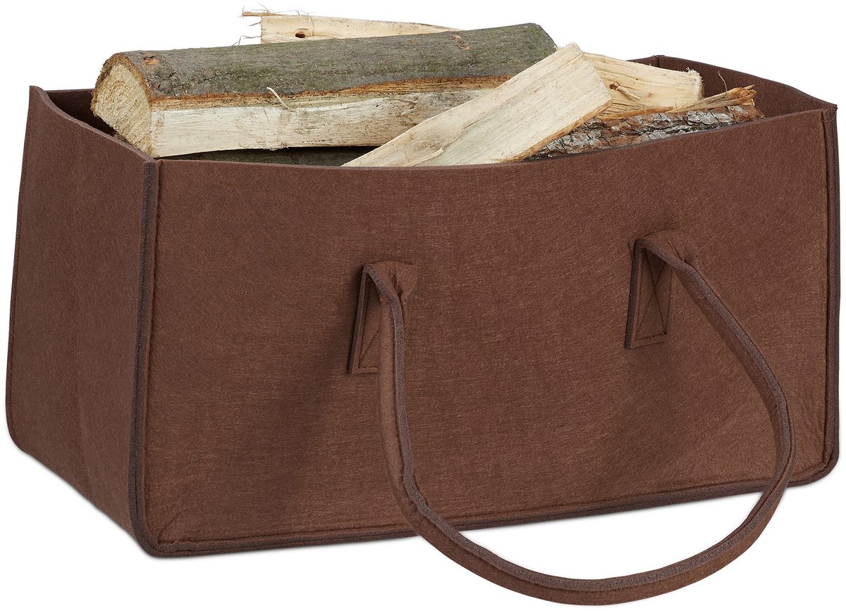 Famanu – Houtmand van vilt, opvouwbaar, HxBxD: 25 x 25 x 50 cm, haardhout tas, draagtas, opbergmand, bruin