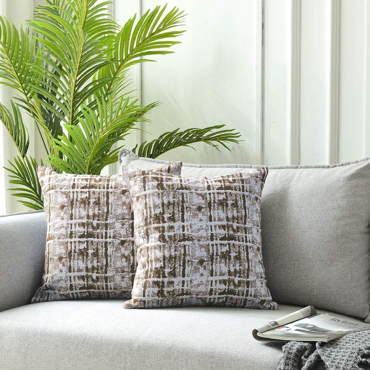 Set of 2 Brown Cushion Covers 45 x 45 cm, Decorative Linen Cushion Cover for Sofa, Dots and Checkers Pillowcases 45 x - ShopVlot