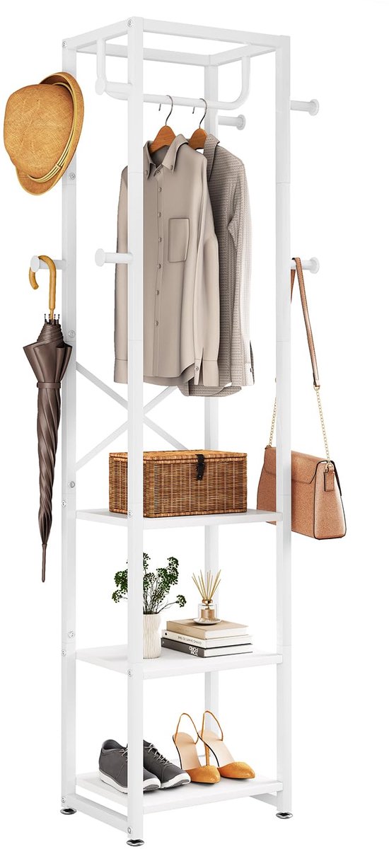 Famanu Vrijstaande kapstok met 3 planken en 8 haken, industriële kledingstandaard voor entree, hal of slaapkamer, 180 x 40 x 30 cm, wit