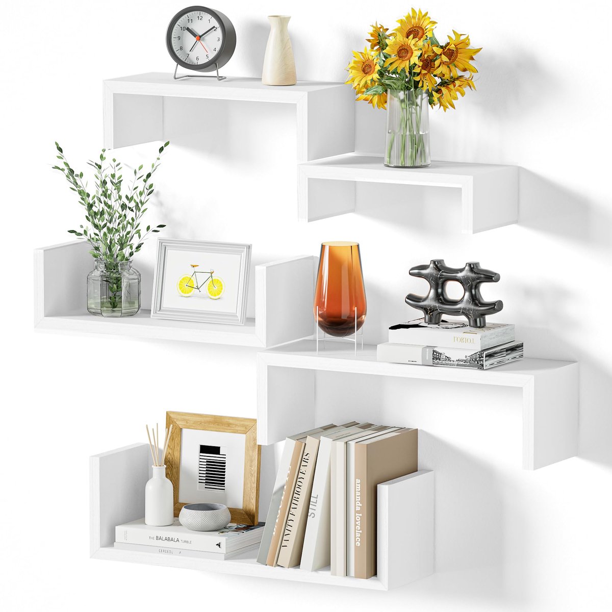 Famanu Wandplanken set van 5 stuks in wit, houten zwevende planken, maximale belasting 40 kg, perfect voor woonkamer, badkamer en slaapkamer