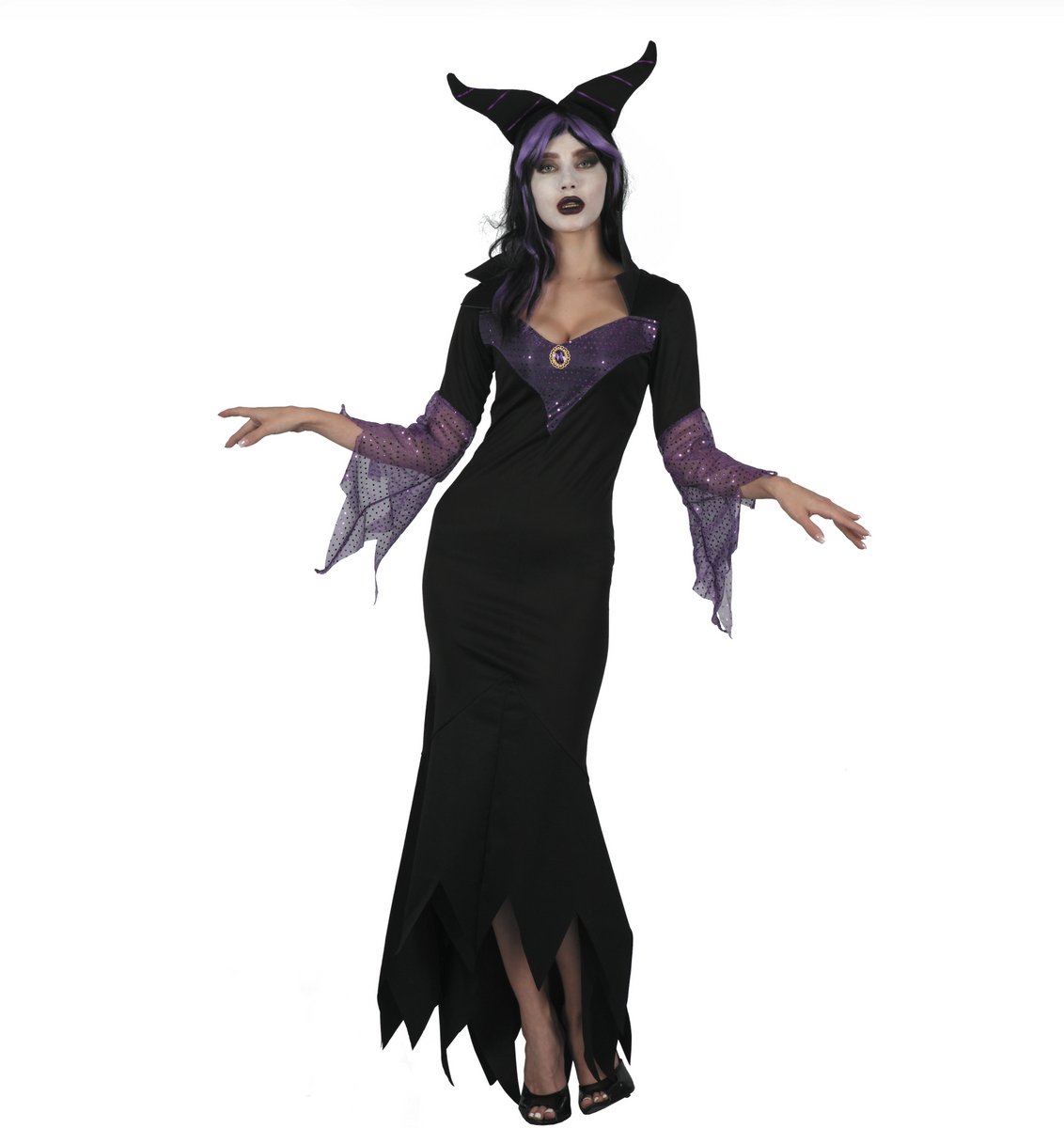 Joya Party® Duistere Fee Verkleedjurk Dames | Boze Koningin Kostuum Vrouw | Zwarte Jurk met Hoorns | Halloween Kostuum Dames | Verkleedpak Vrouwen | Maat M/L