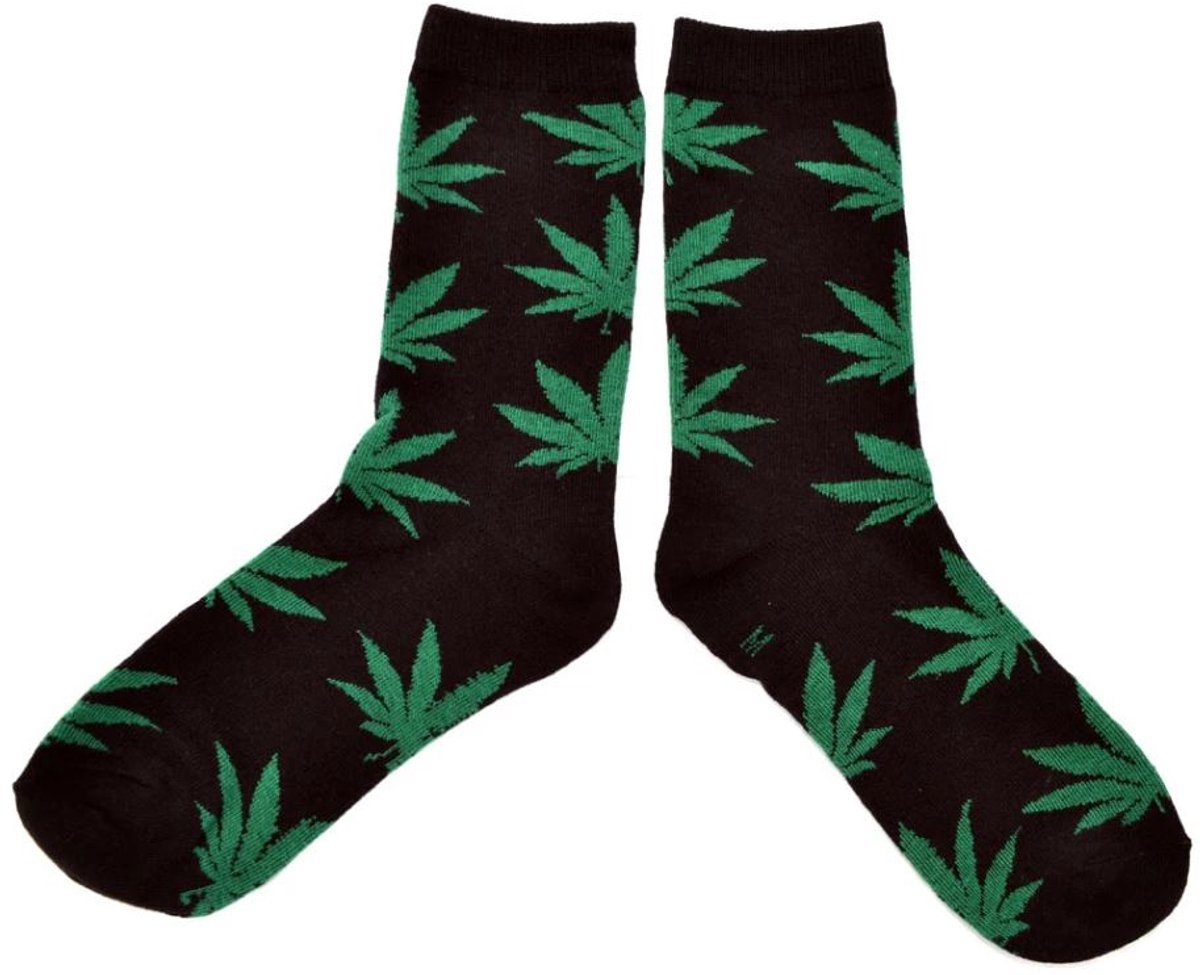 Wietsokken - Cannabis sokken - Wietbladeren sokken - Grappige sokken - Weed socks - Zwart met groen - One size - 36-46 - Jonyx