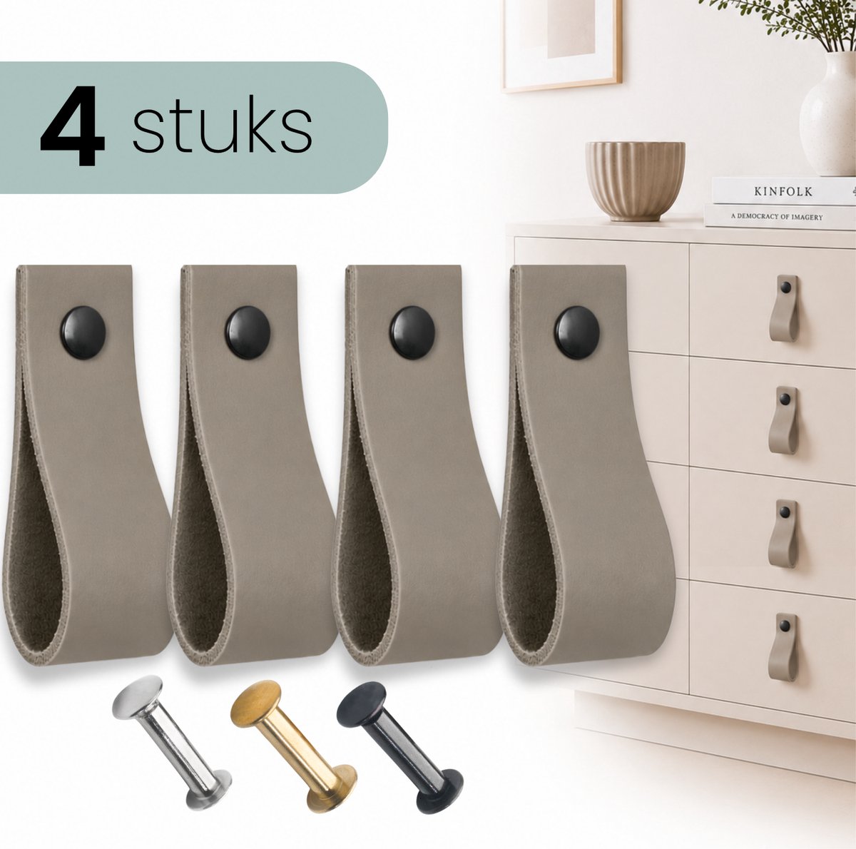 HOYA living - Leren lusjes - Taupe - 4 stuks - 3 kleuren schroeven - 100% leer