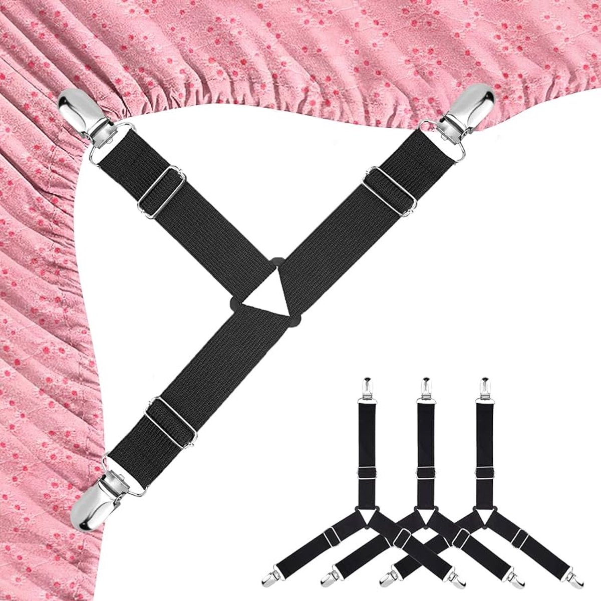 4x Lakenspanner - Hoeslaken vastmaken - Hoeslaken op zijn plek houden - Bedovertrek vastmaken - Laken strak houden - Bretels voor hoeslaken - Laken clips - Zwart - Verstelbaar - Jonyx