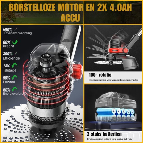 QUOVO® Onkruidborstel Electrisch - Onkruidborstel Machine - Voegenborstel - Bosmaaier Set - Kantenmaaier - Onkruidverdelger - Grastrimmer Met Accu - Incl: Accu, Zaagbladen, Messen En Oplader - Zwart/Rood - 90cm x 15cm x 13cm van Quovo — afbeelding 2