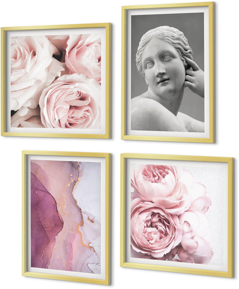 Coloray 4-Delige Schilderij Set - Romantische pioenrozen sculptuur van een vrouw abstractie - 40 x 40 cm en 40 x 60 cm - Stijlvolle Wanddecoratie - Interieur - Muurdecoratie