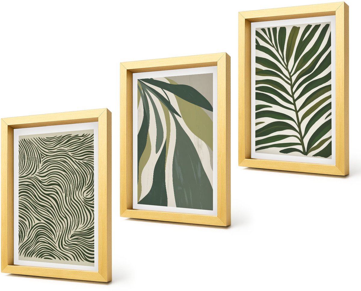 Coloray 4-Delige Schilderij Set - Bladpatronen en golvende lijnen in groene tinten - 20 x 30 cm - Muurdecoratie - Wanddecoratie - Slaapkamer - Moderne Wanddecoratie