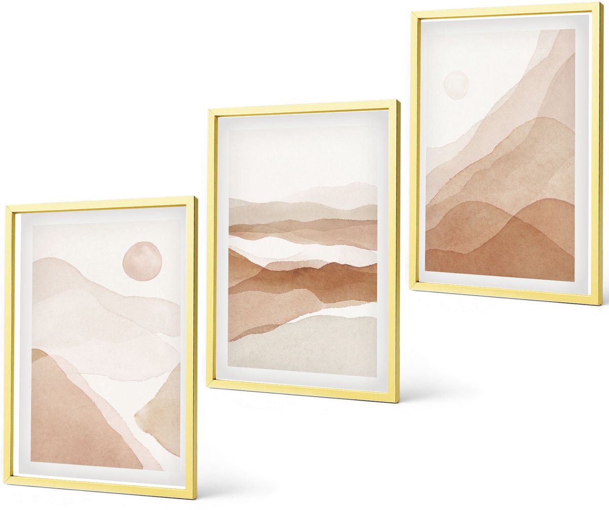 Coloray 3-Delige Schilderij Set - Abstracte Landschappen In Bruine En Beige Tinten. - 40 x 40 cm En 40 x 60 cm - Wanddecoratie - Schilderijen Set - Kantoor