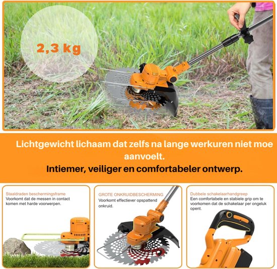 QUOVO® Onkruidborstel Electrisch - Onkruidborstel Machine - Voegenborstel - Bosmaaier Set - Kantenmaaier - Onkruidverdelger - Grastrimmer Met Accu - Incl: Accu, Zaagbladen, Messen En Oplader- Oranje- 90cm x 15cm x 13 cm van Quovo — afbeelding 2
