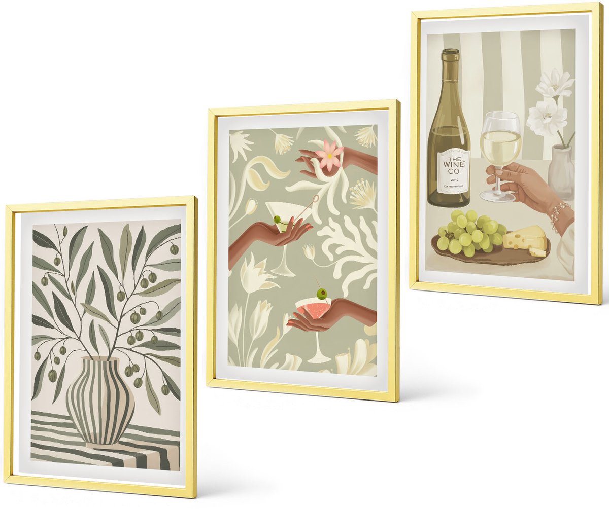 Coloray 3-Delige Schilderij Set - Zeezichtraam Met Italiaanse Citroenen - 40 x 40 cm En 40 x 60 cm - Muurdecoratie - Interieur Decoratie - Decoratieve Schilderijen