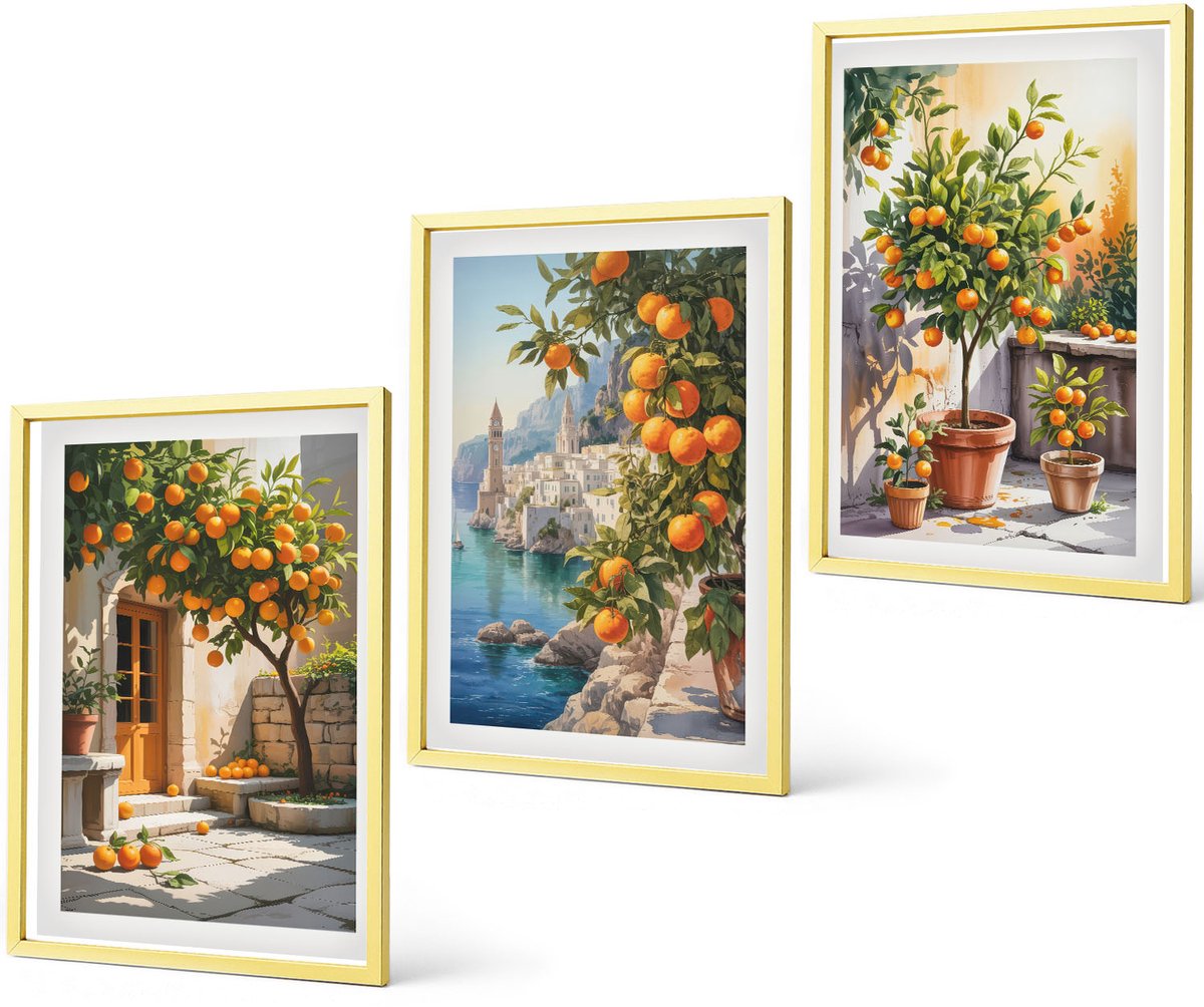 Coloray 3-Delige Schilderij Set - Sfeervolle Straatjes Met Planten En Italiaanse Pizza - 40 x 40 cm En 40 x 60 cm - Muurdecoratie - Wanddecoratie - Slaapkamer - Interieur Decoratie