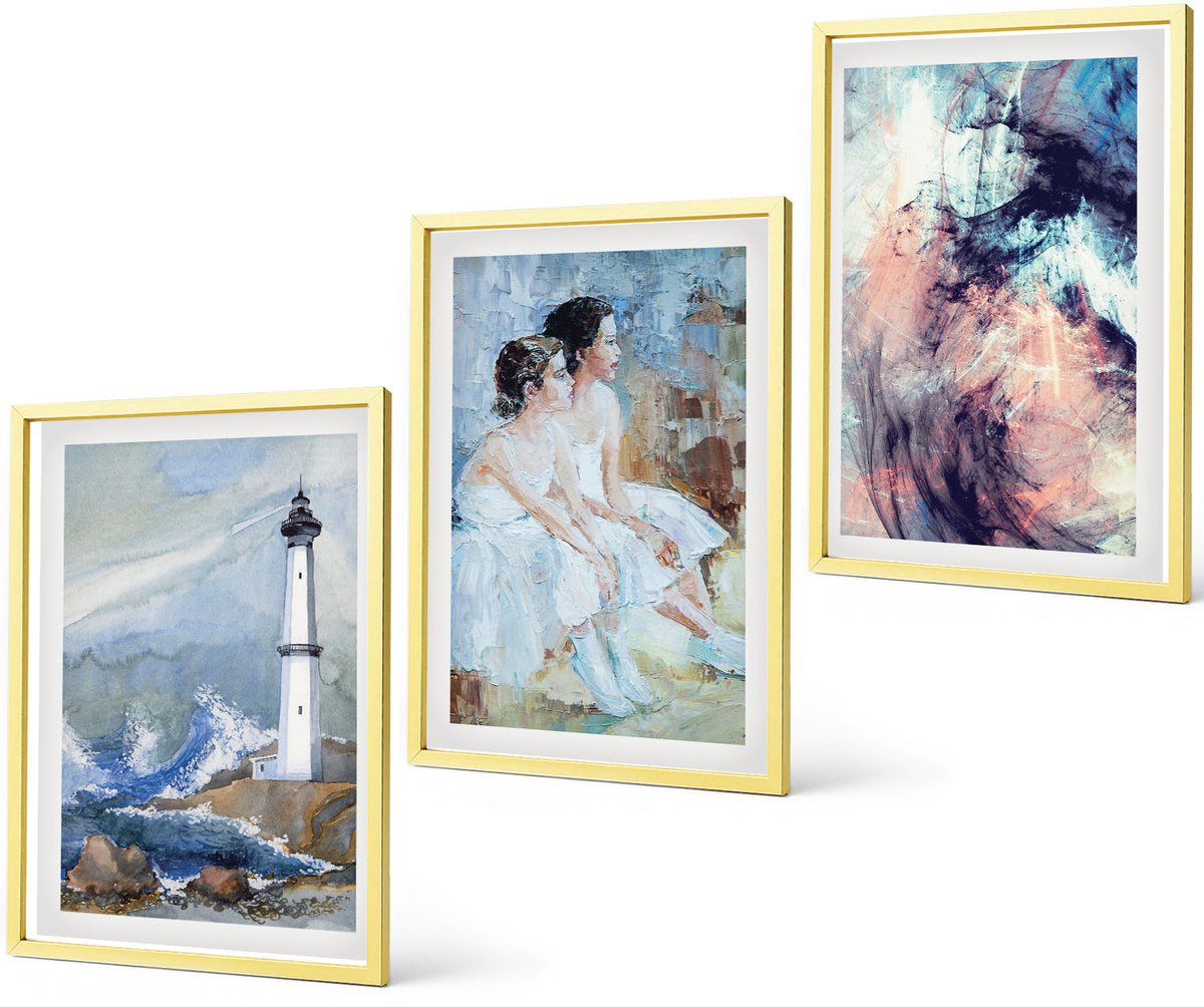 Coloray 3-Delige Schilderij Set - Bos In De Mist, Rivieroever En Kas Met Planten - 40 x 40 cm En 40 x 60 cm - Muurdecoratie - Schilderijen Set - Woonkamer - Wanddecoratie