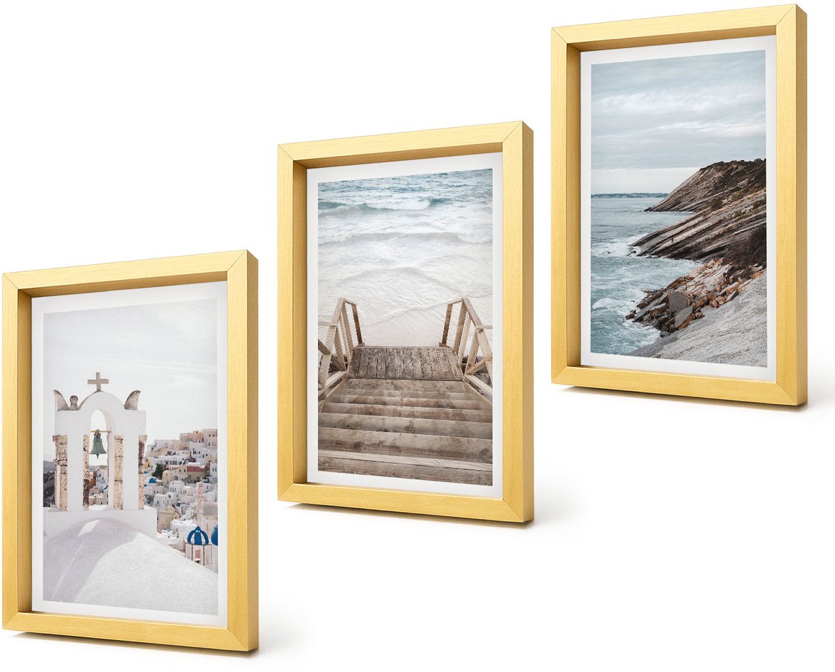 Coloray 4-Delige Schilderij Set - Uitzicht op de zee en de architectuur van Santorini tegen de hemel. - 20 x 30 cm - Wanddecoratie - Moderne Interieurdecoratie - Decoratieve Schilderijen