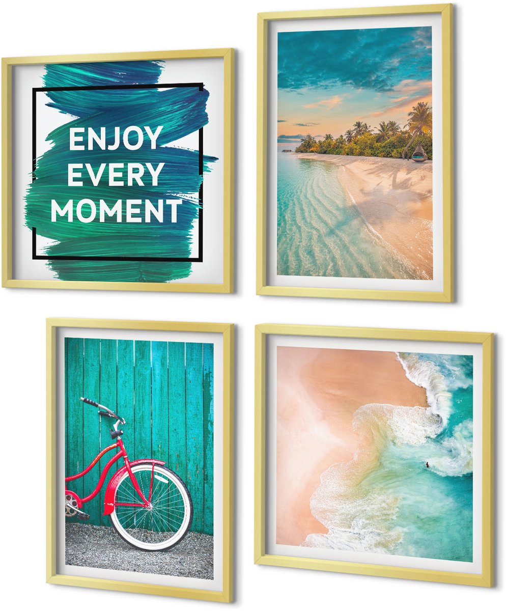 Coloray 4-Delige Schilderij Set - Zeezicht met boot en fiets, inspirerende belettering - 40 x 40 cm en 40 x 60 cm - Decoratieve Schilderijen - Wanddecoratie - Hal - Muurdecoratie