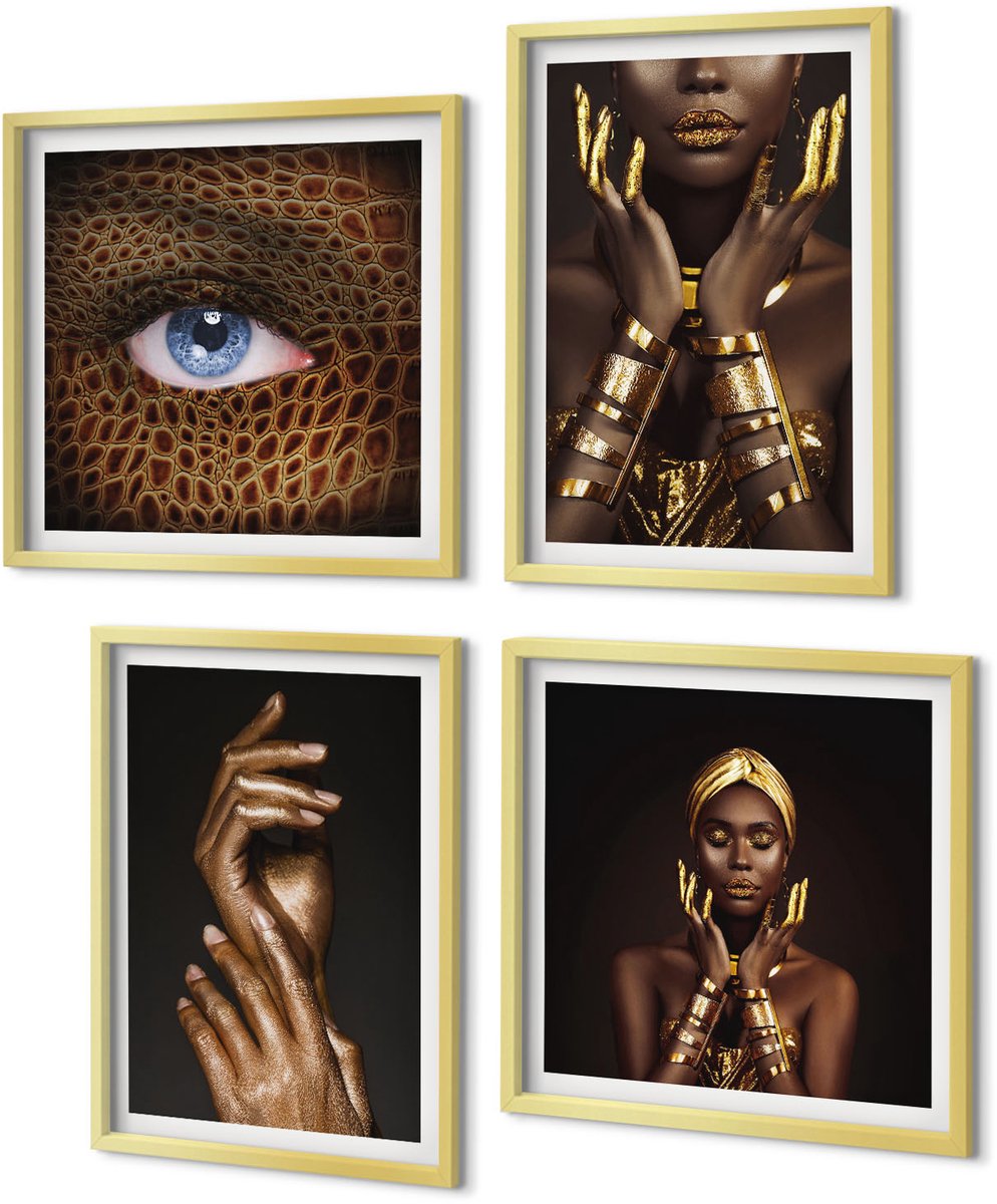 Coloray 4-Delige Schilderij Set - Elegante portretten van een Afrikaanse vrouw - 40 x 40 cm en 40 x 60 cm - Schilderijen Set - Wanddecoratie - Woonkamer