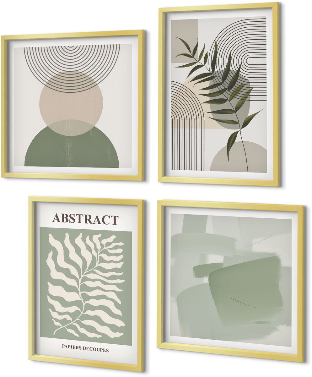 Coloray 4-Delige Schilderij Set - Botanische abstracte vormen in boho-rustieke stijl - 40 x 40 cm en 40 x 60 cm - Wanddecoratie - Schilderijen Set - Interieur - Interieur Decoratie