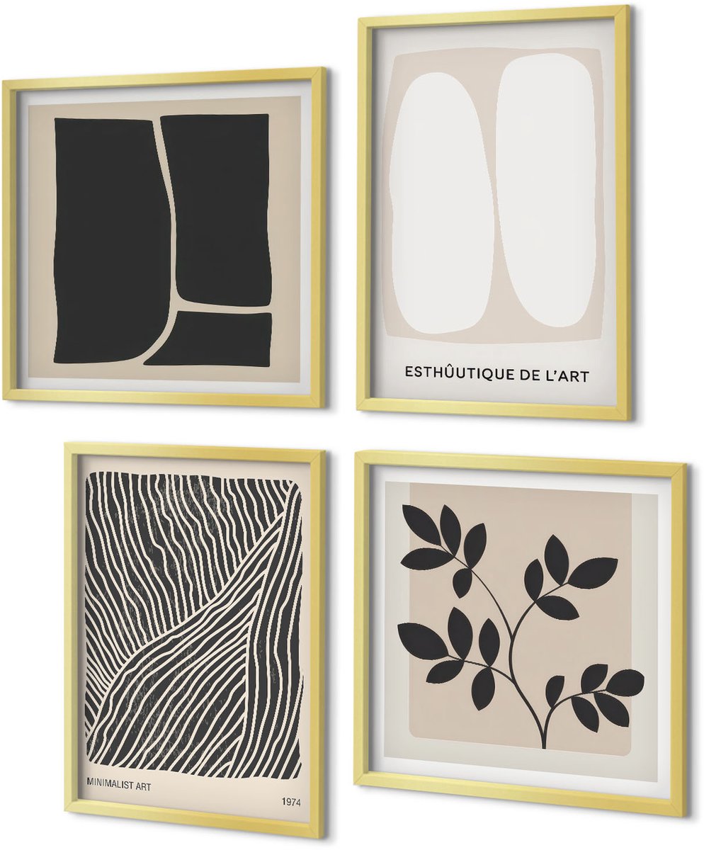 Coloray 4-Delige Schilderij Set - Bloemenpatronen en minimalistische lijnen in neutrale kleuren. - 40 x 40 cm en 40 x 60 cm - Decoratieve Schilderijen - Woonkamer - Interieur - Muurdecoratie