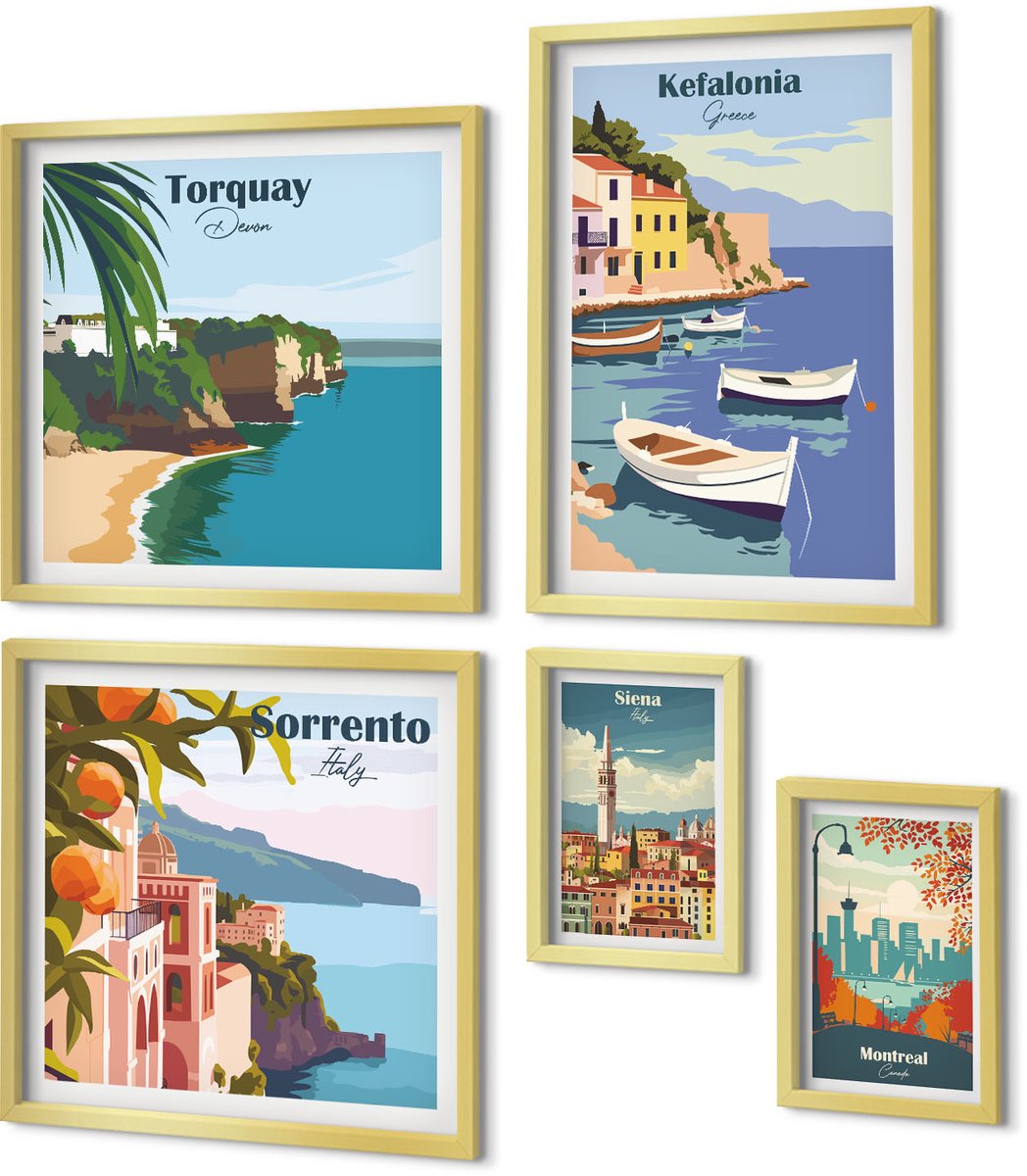 Coloray 5-Delige Schilderij Set - Kustlandschappen Van Europese Toeristische Bestemmingen - 50 x 50 cm, 20 x 30 cm En 40 x 60 cm - Muurdecoratie - Schilderijen Set - Woonkamer - Decoratieve Schilderijen